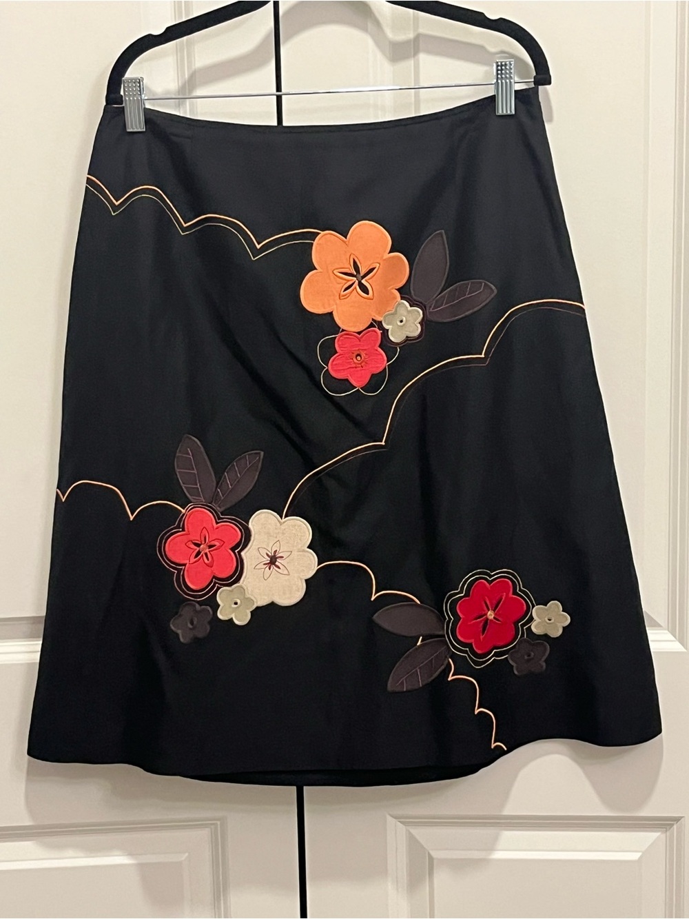 Harold’s Silk Linen Black Floral Appliqué A-Line Skirt Size 12 Career Wedding